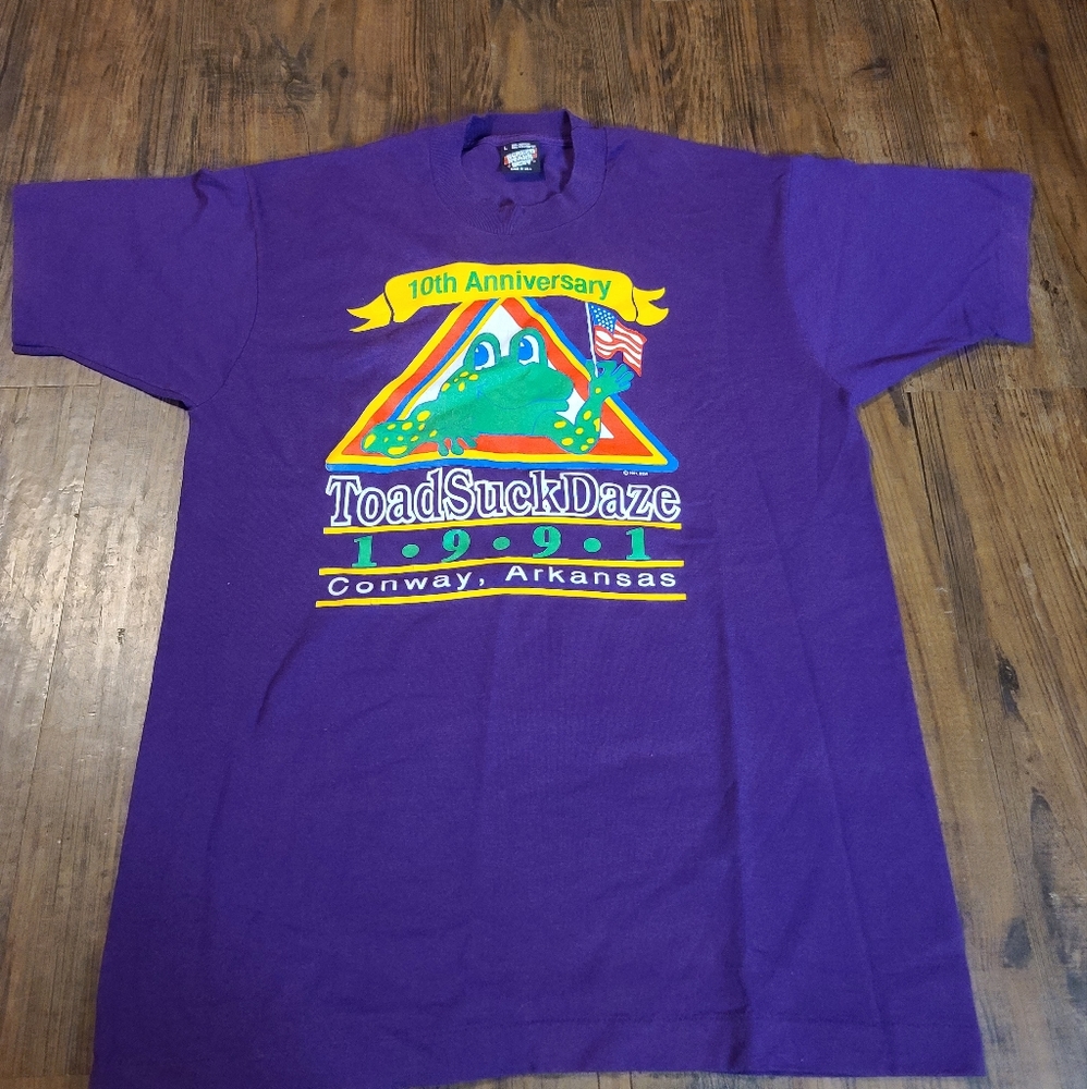 Vintage 90s single stitch Arkansas Toad Suck Days  purple frog tee men's lrg